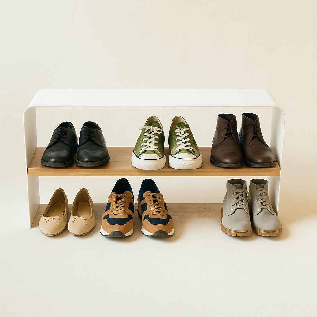 Metalowa ławka na buty z drewnianą półką, idealna do przechowywania obuwia w nowoczesnym wnętrzu.